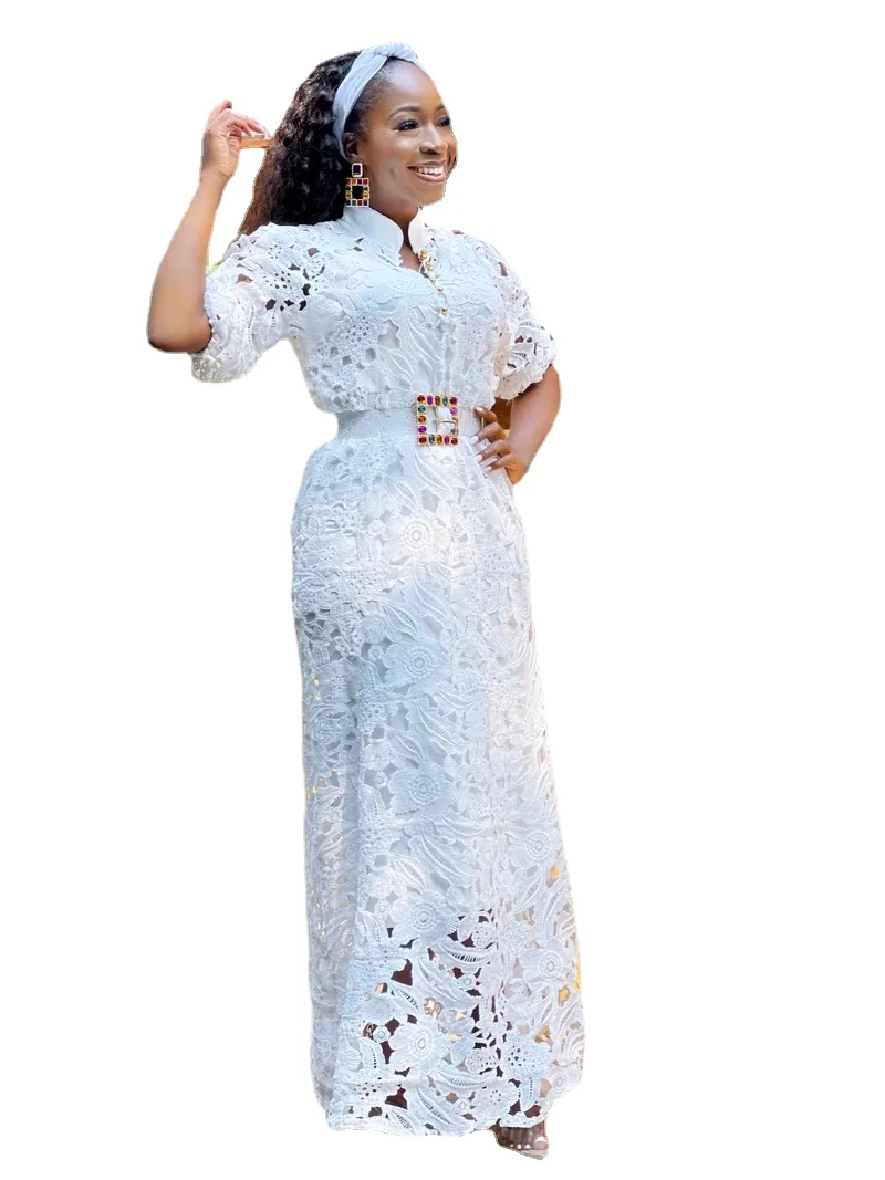 

White African Dresses for Women 2021 Christmas Long Maxi Dress African Clothes Sexy Hollow Out Robe Africaine Femme With Belt