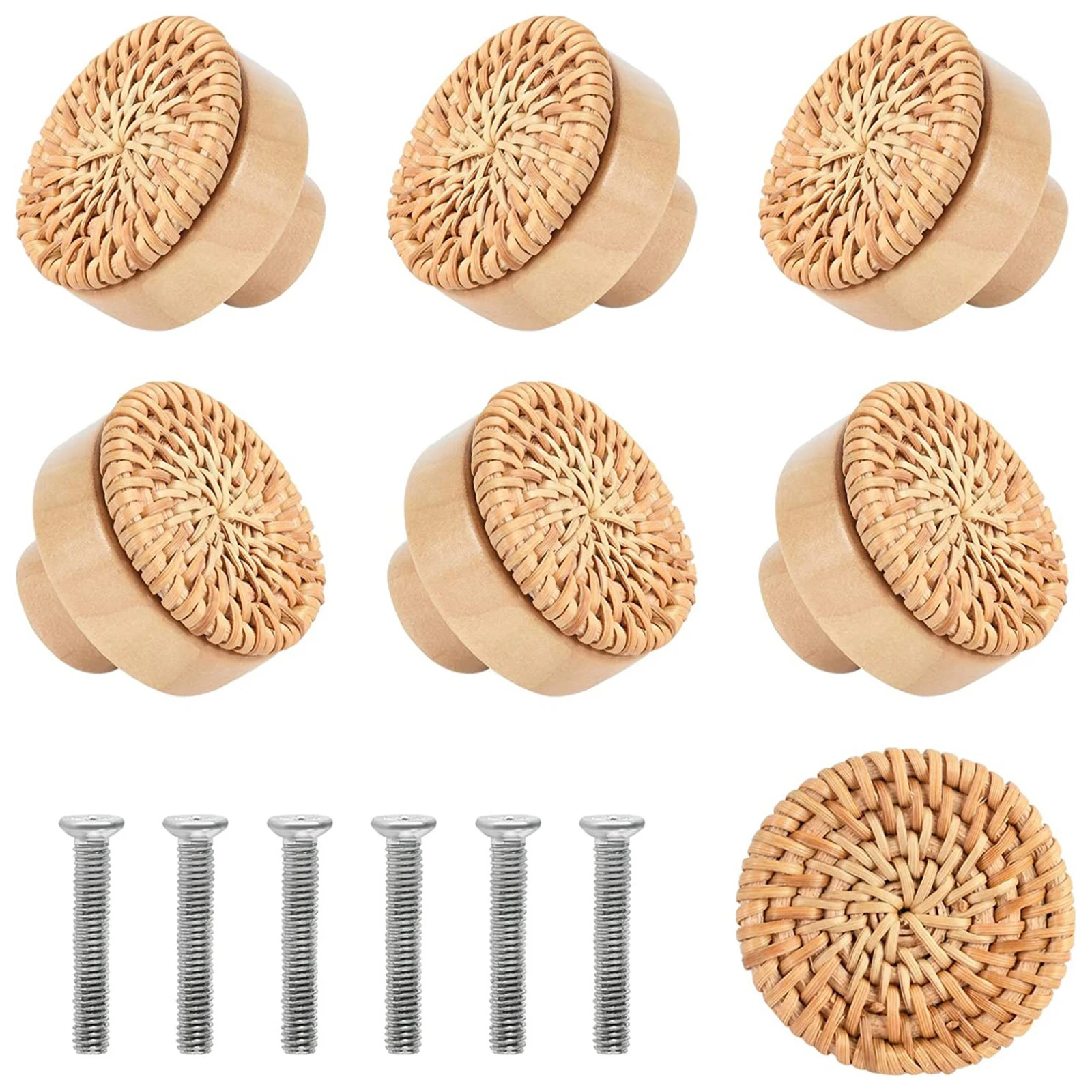 

6pcs Handmade Boho-Chic Design Furniture Knob With Screws Cabinets Dresser Pulls Beech Rattan Wood Knobs Drawers Cupboard