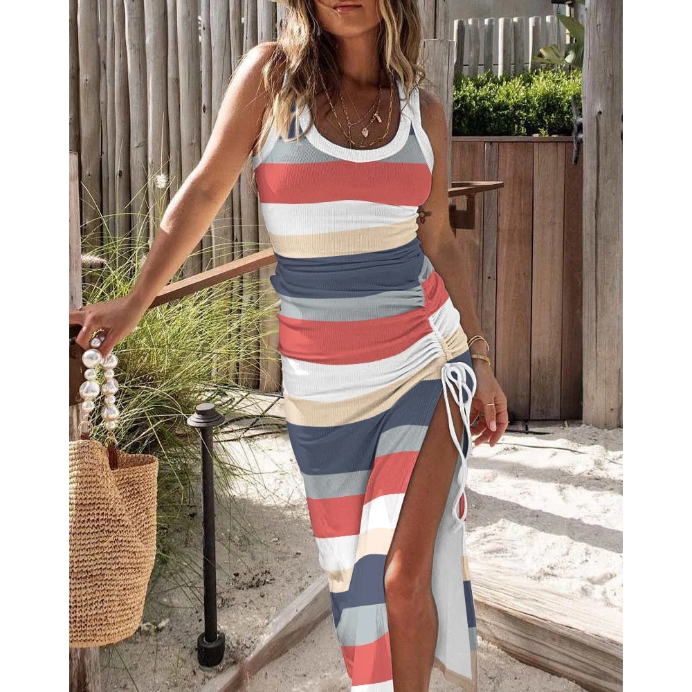 

Summer Women Striped Colorblock Print Ribbed Drawstring Ruched Dress Lady Midi Casual Skinny Street wear Evening Clothing 2023