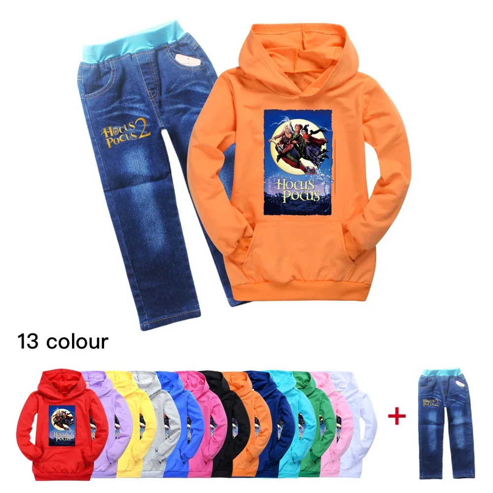 

Baby Boy Clothing Cartoon Print Hocus Pocus 2 Tracksuit Long Sleeve Top + Washed Jeans 2 Piece 2-15 Years Old