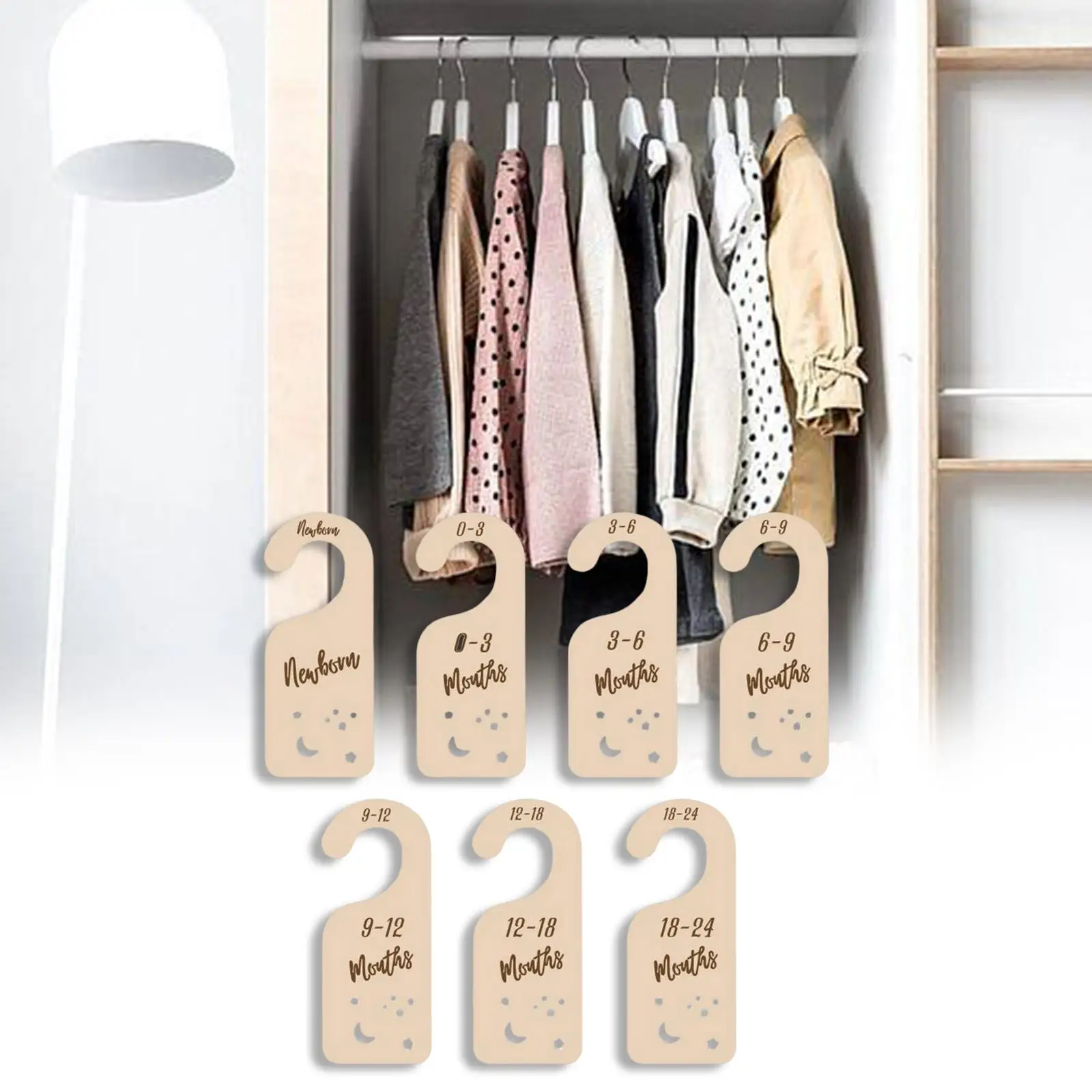 

7 Pieces Hanging Clothes Dividers Nursery Clothes Organizers Wooden Closet Divider for Infants Photo Props Registry Shower Gifts