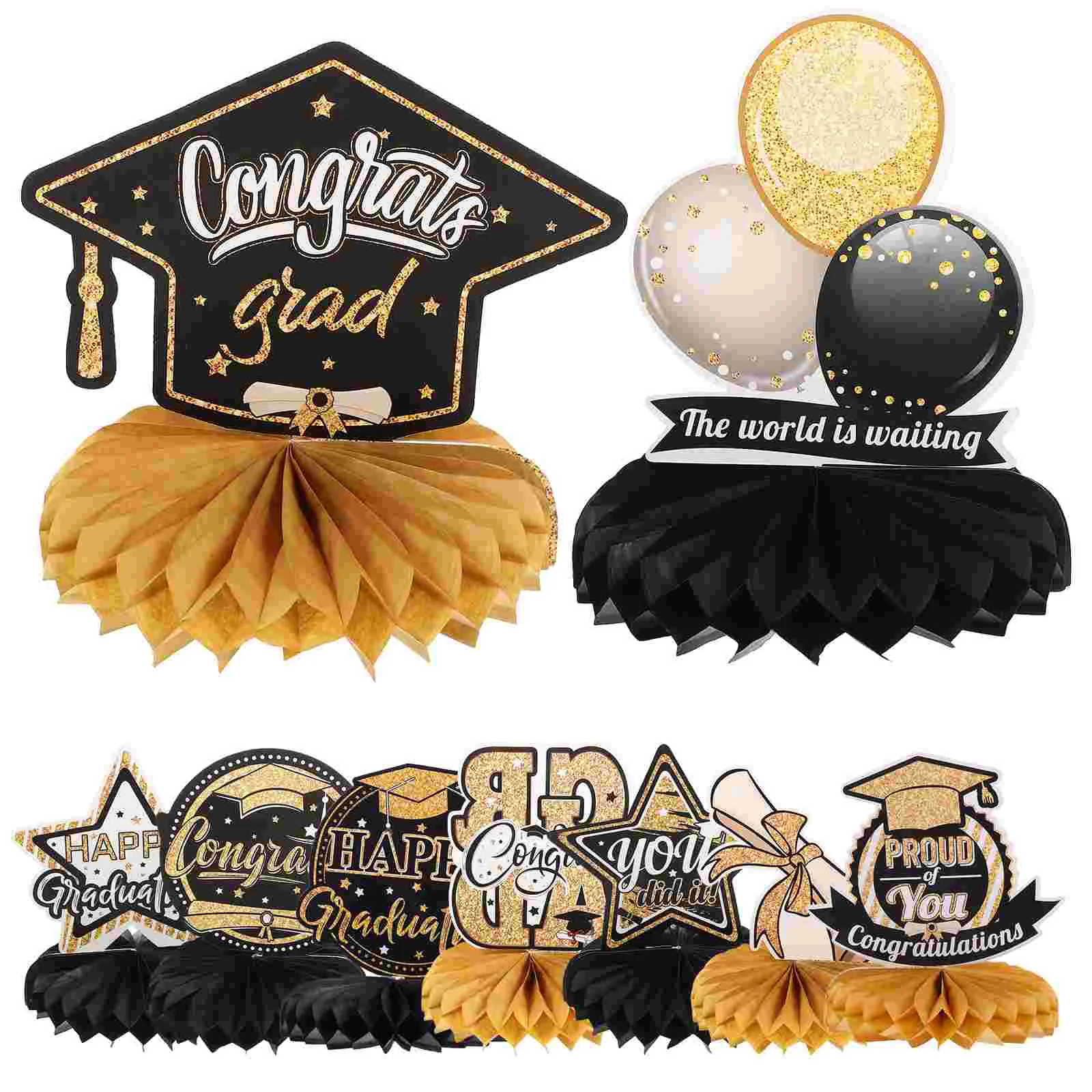 

9 Pcs Graduation Honeycomb Ornament Gold Table Decorations Class 2023 Party Accessory Paper Balls Decors Craft