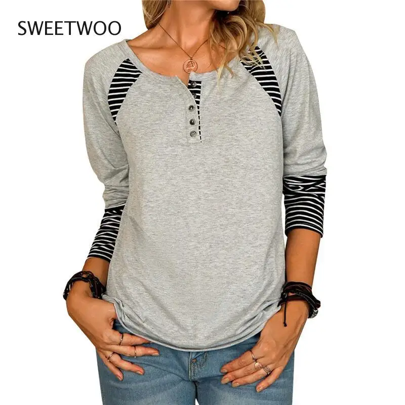 

Autumn Striped Print T-shirt Women Casual Long Sleeve Round Neck Button Tee Tops Fashion Stitching Pullover Straight T-shirt
