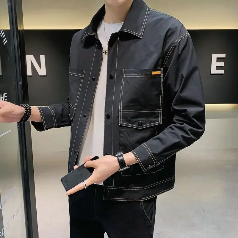 Весна-Осень 2024 тонкий облегающий Мужской рабочий топ с лацканами для молодежи