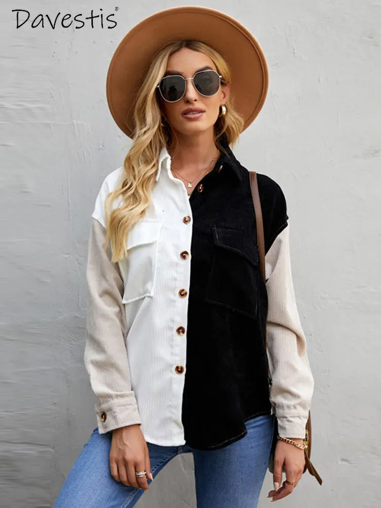 

Corduroy Contrast Color Shirt Women 2023 Winter Casual Loose Polo Collar Long Sleeve Shirt Female Fashion Single Breasted Shirt