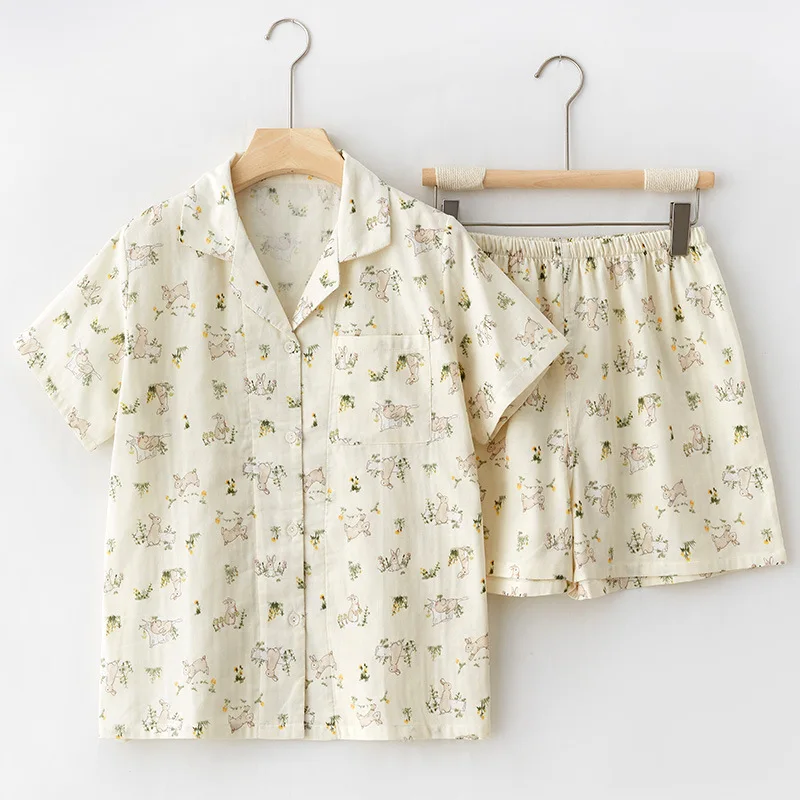 

Women Summer Short Sleeve 100% Cotton Nightwear Two-Pieces Turn-Down Collar Pajamas Japan Style Ins Cute Printed Cardigan Pyjama