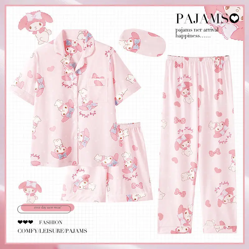 

Sanrio Pajamas Cinnamoroll Kuromi Mymelody Ins Style Pure Cotton Short Sleeve Shorts Student Cute Home Clothes 3-Piece Suit