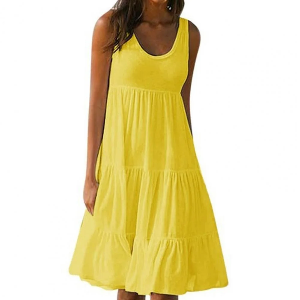 

Женское свободное платье-майка без рукавов, желтое однотонное тонкое платье миди с широким подолом и круглым вырезом, уличная одежда на лет...