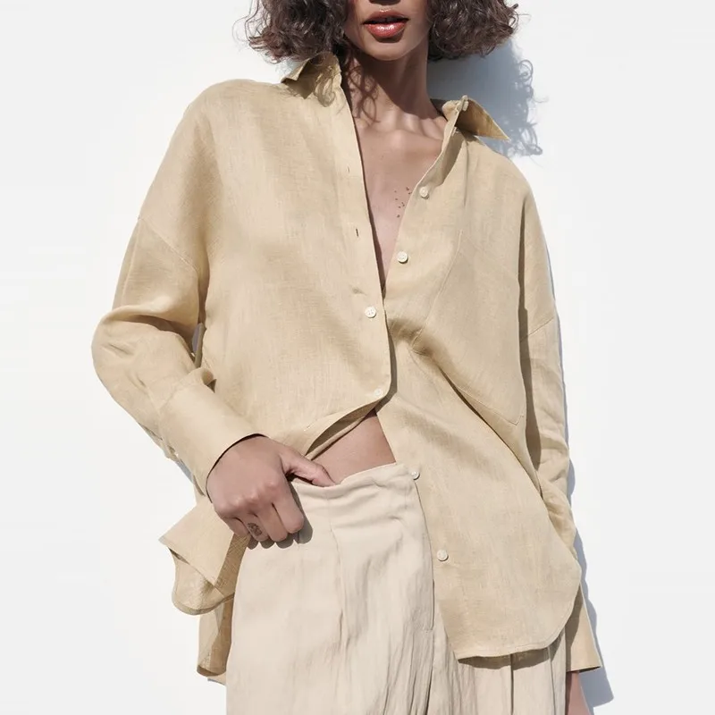 Женская свободная рубашка с длинным рукавом повседневная однотонная блузка из