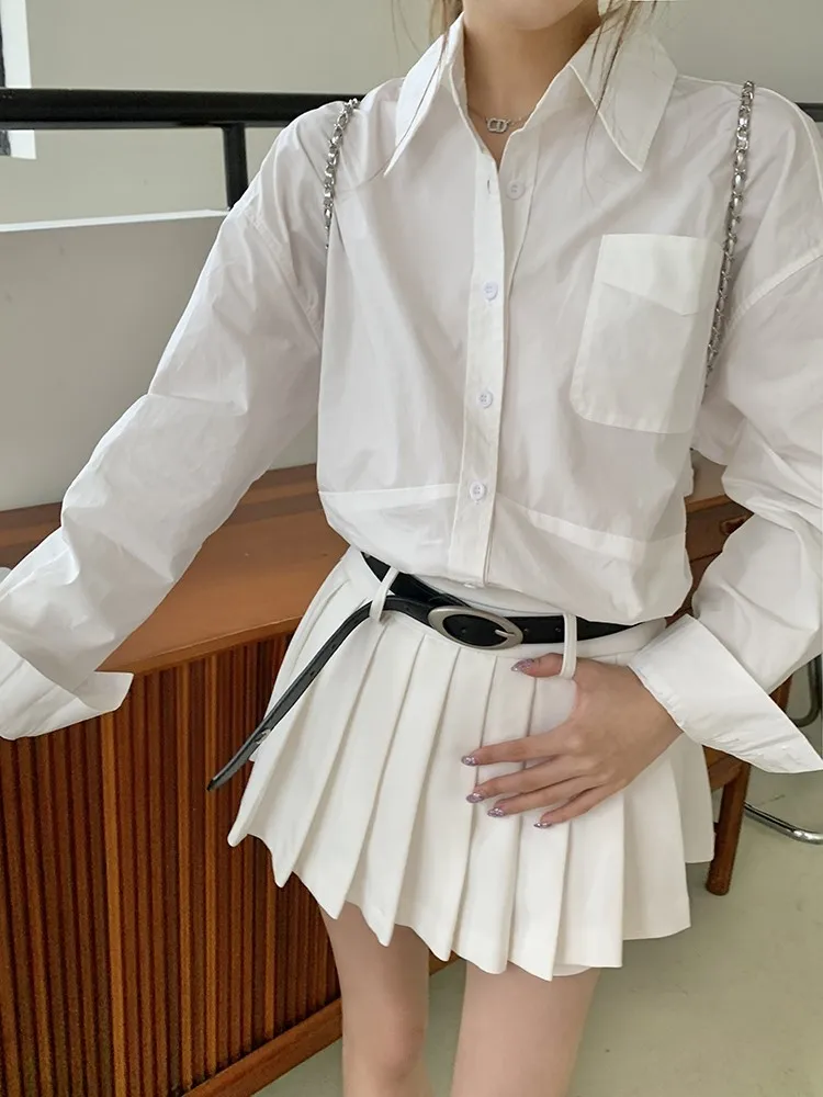 Женский комплект из двух предметов Y2K белая плиссированная мини-юбка с длинным