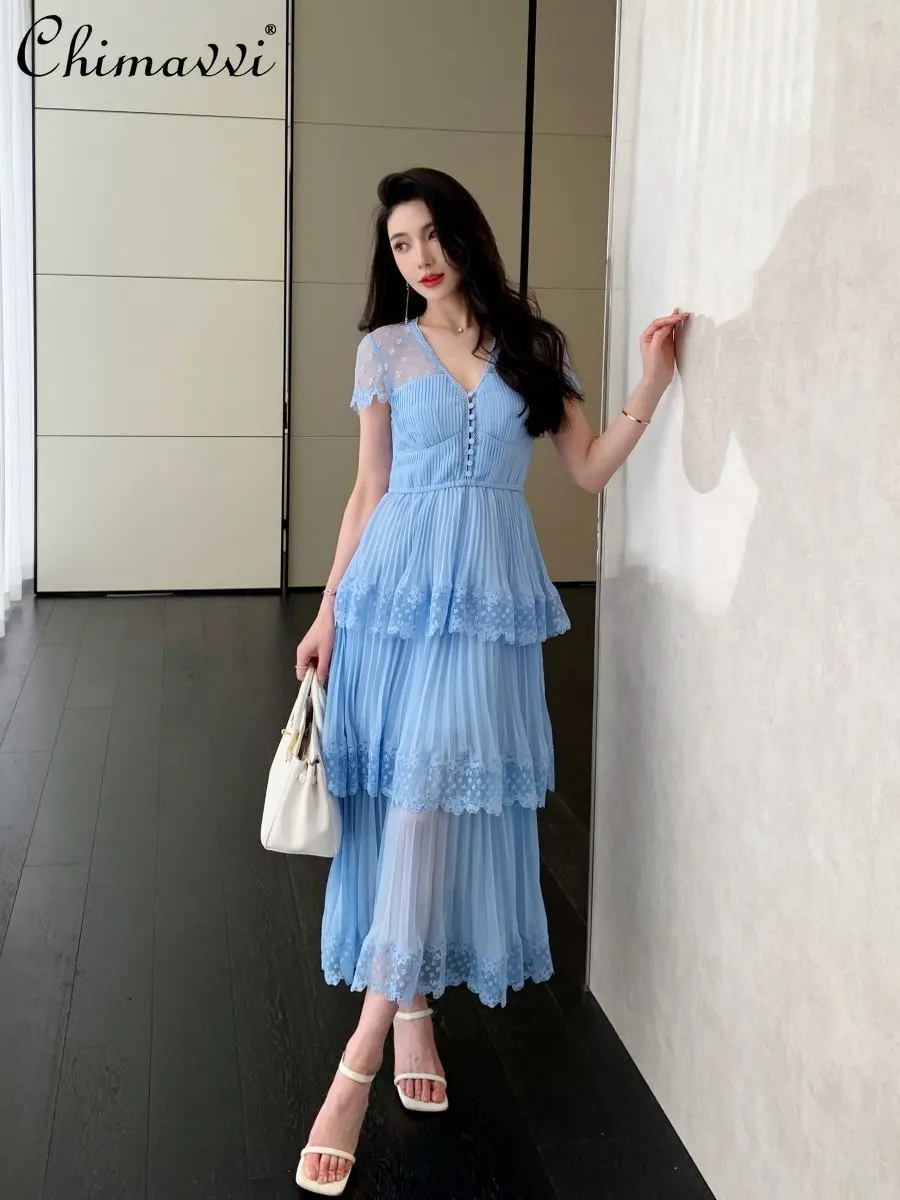 French Blue Chiffon Lace Dress Summer Luxury High Waist Slim Elegant Dress V-neck Short Sleeve Long Pattern Pleated Dress Women