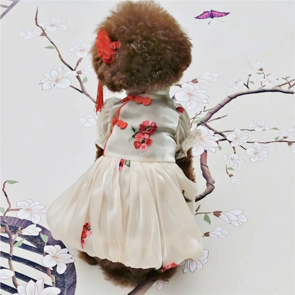 

Pet Cheongsam Puff Sleeves Tassel Embroidery Flower Dog Dress Spring Summer Cheongsam Clothes for Celebration