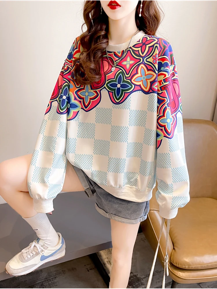 

Vintage Aesthetic Sweatshirt Women 2023 Autumn Korean Fashion Print Crew Neck Plaid Long Sleeve Oversized Hoodie Female Tops