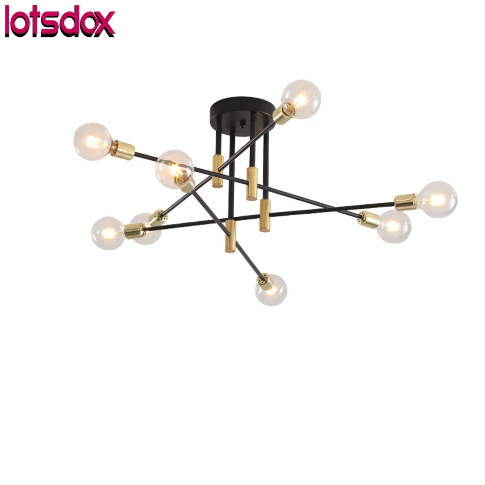 

Modern Black E27 Chandelier With Golden Bars Nice Looking Ceiling Lamp Coffee Shop Bedroom Dining Room Kitchen 6-Head Lighting