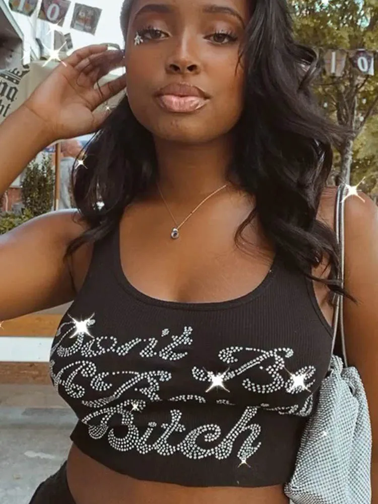 

Женский укороченный топ на одно плечо, летний модный уличный Топ без рукавов с блестками и буквенным принтом, 2022