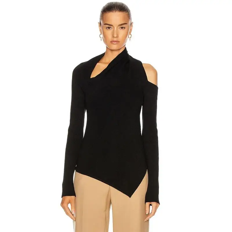 

Осенняя Асимметричная футболка с длинным рукавом с вырезами 2021 женский высококачественный элегантный облегающий базовый пуловер с открытыми плечами вязаная одежда O2
