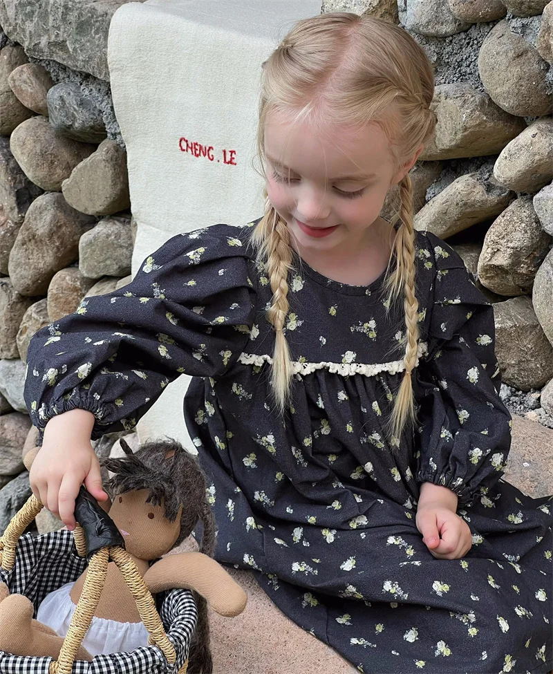 

Повседневные платья для девочек, новинка сезона осень-зима, детские платья в стиле ретро с пышными рукавами, милые платья принцессы