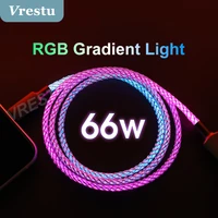 66w 6a super charge type c cable led rgb gradient light fast charging usbc wire 65w cord for oppo reno find x2 realme dart warp