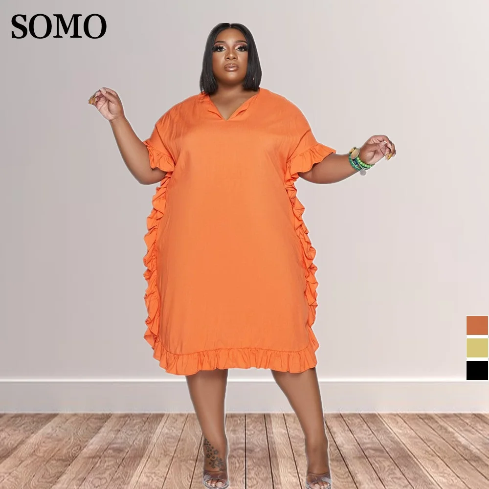 

Plus Size Fashion Solid Women Dresses V-Neck Short Sleeve Loose Midi Dress Casual Female Summer Clothes Wholesale Dropshipping