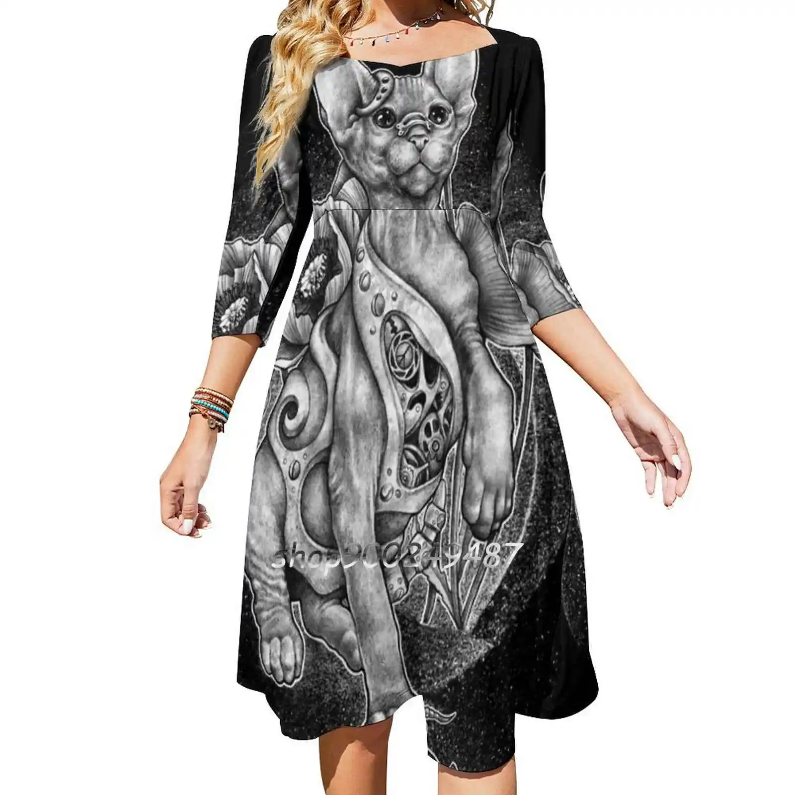 Rishama Steampunk Tattoo Cat Kitten Biomechanics Mechanics Elegant Party Women Dress Slim Multiple Styles Dresses Casual