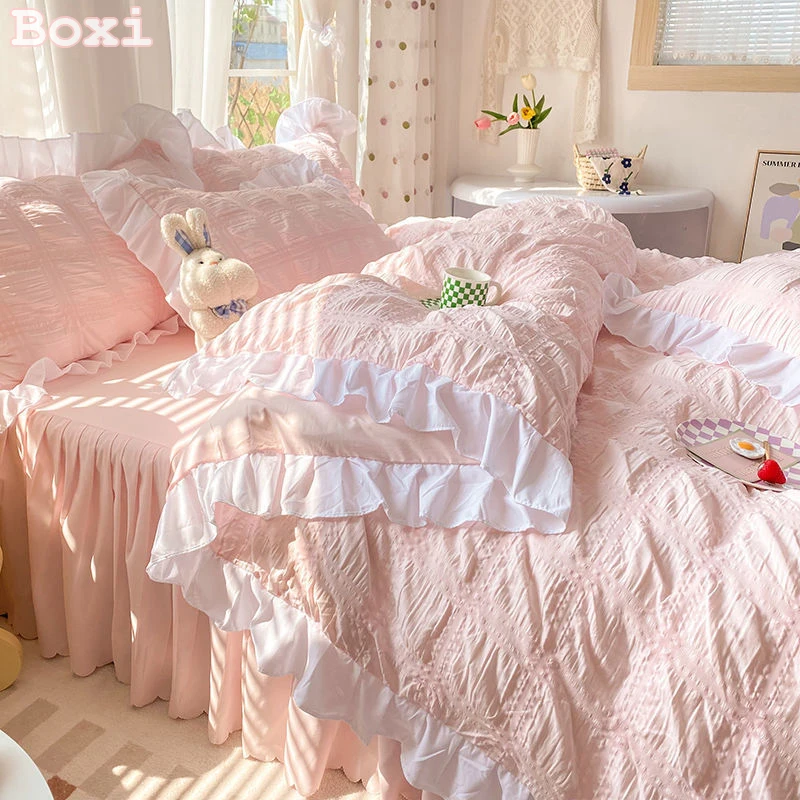 Cute Princess Style Seersucker Bedding Set For Women Cotton 