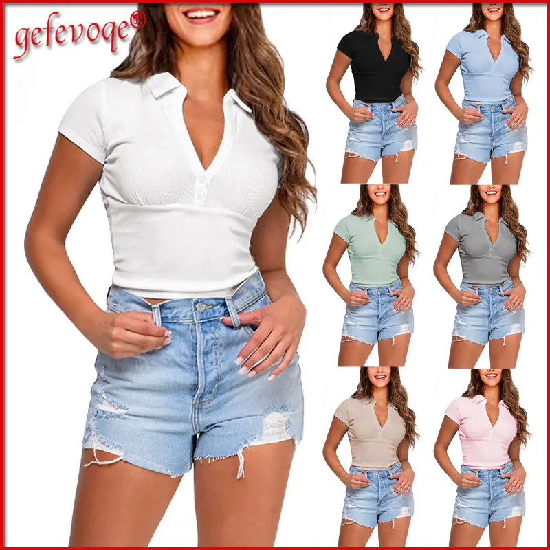 

Ribbed Knit Polo Collar Short Sleeve Slim Basic Women's T-shirt Summer Casual Solid Color Sexy Crop Top Female Clothing 2022 3XL