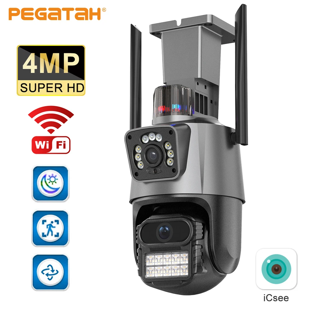 

PEGATAH 8MP 4K IP Camera Outdoor WiFi PTZ Dual Lens Screen Color Night Vision Auto Tracking CCTV Surveillance Cameras ICSEE App