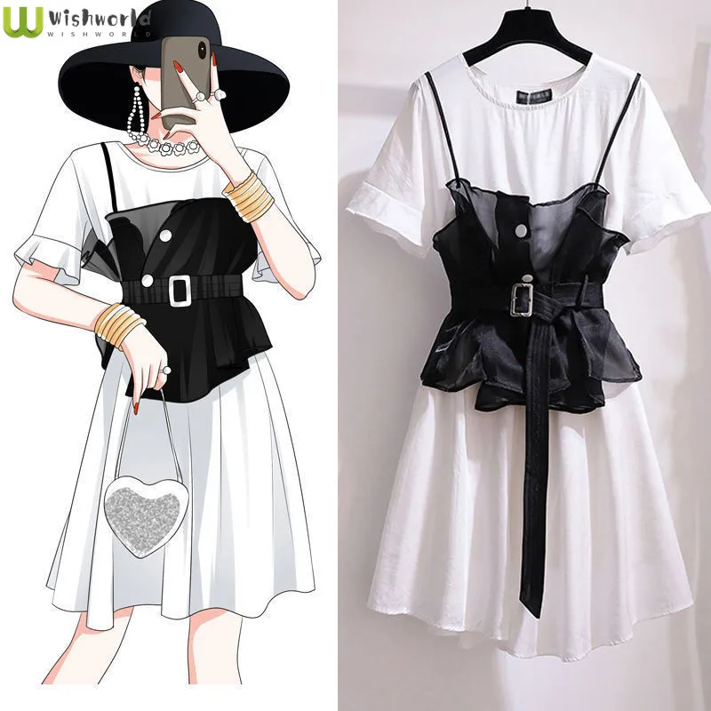 

Large 2022 Spring and Summer New Korean Temperament Sweet Fashion Suspender Top Slim Dress Elegant Women's Suit