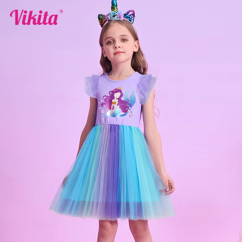 Фото VIKITA детское фиолетовое платье русалки с героями мультфильмов для девочек, сетчатое фатиновое платье принцессы с расклешенными рукавами для дня рождения, праздничные повседневные платья, детская одежда №1