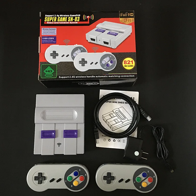 

Wireless Retro Video Game Console Handheld Built-in 821 Classic Games for Family SNES Games Dual Gamepad Player PAL&NTSC SN-03