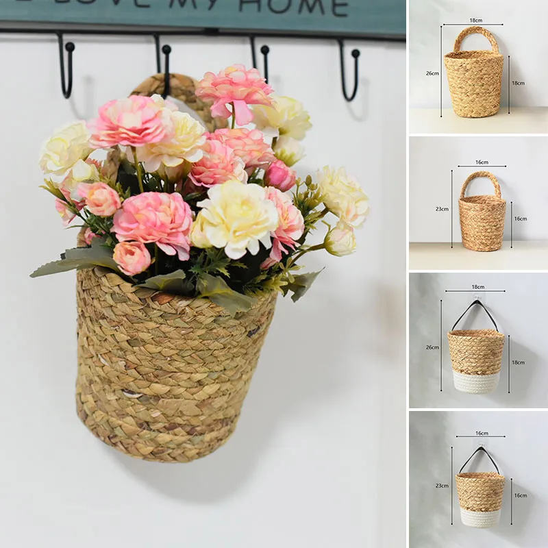Hanging Woven Rattan Baskets Wall-mounted Straw Grass Wicker Basket For Planters Flower Flowerpot Garden Decoration Home Decor