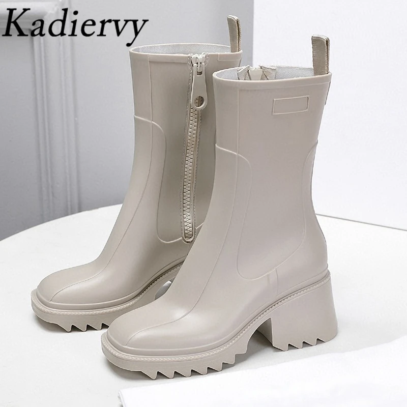 

Hot Sale Chunky Heel Women Rain Shoes Boots Square Toe PVC Waterproof Shoes Short Boots High Heel Rain Boots Woman