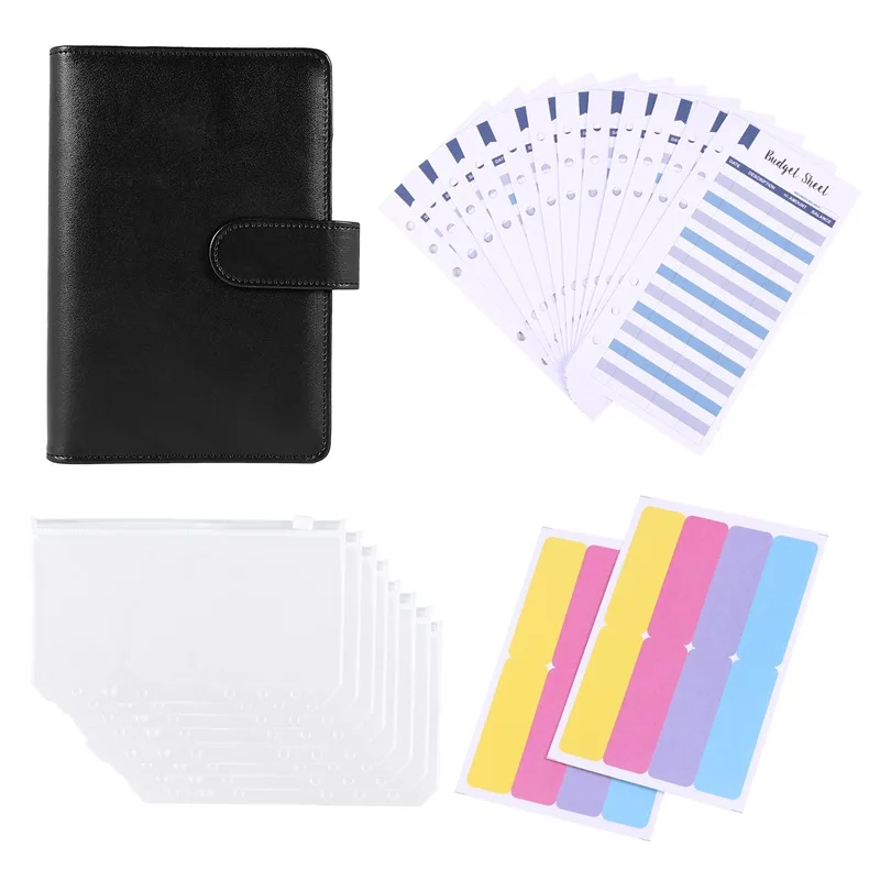 

A6 PU Leather Budget Binder,With 8 A6 Binder Bags,12 Papers,6 Ring Binder Budget Envelope System, With Label Stickers