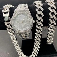 3pcs mens hip hop jewelry iced out watch necklace bracelet miama cubana chains diamond watch for men gold watch set dropshipping