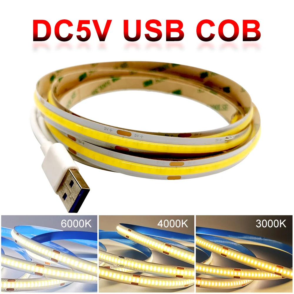 Полосковый светодиодный светильник DC5V USB COB High Density Linear Lighting 328 светодиодов/м FOB гибкий 10 мм диммируемый тейп 3000K/4000K/6000K RA90 0,5 м - 2 м включенный.