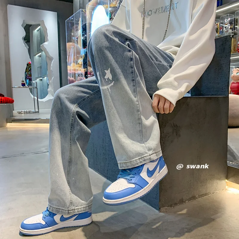 Men's Wear 2022 New Smiley Face Graffiti Navy Blue Jeans Temperament Versatile Straight Cylinder Wide Leg Trousers Autumn Female