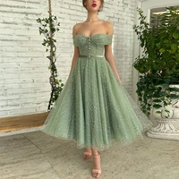 short prom dress a line tea length midi off the shoulder sexy prom gown sweetheart sleeveless buttons belt modern party dress