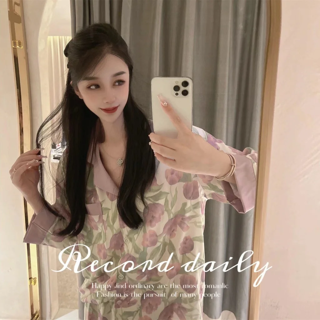 Lisacmvpnel Tulip Print Sweet Romantic Women Pajama Set Autumn Pajamas Ice Silk Long Sleeve Home Wear Pajamas