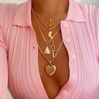 egypt queen nefertiti layered necklaces for women boho punk ankh cross heart pendant multilayer gold necklace africa vintage new