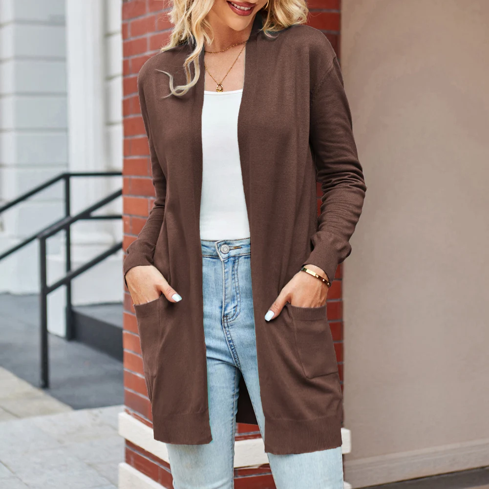 GK женские куртки пальто трикотаж до бедра кардиган свитер с карманами длинным