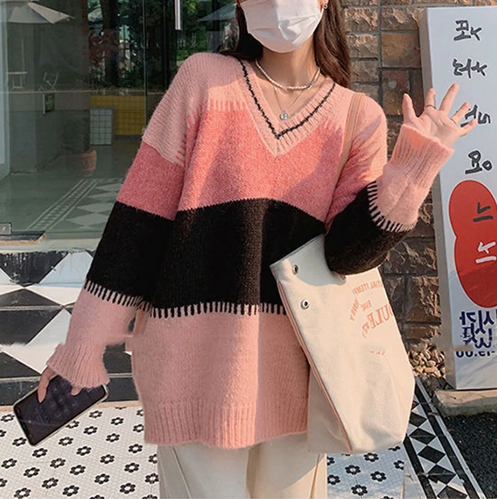 

Женский винтажный пуловер, свободный контрастный джемпер с V-образным вырезом и напуском, уличная одежда