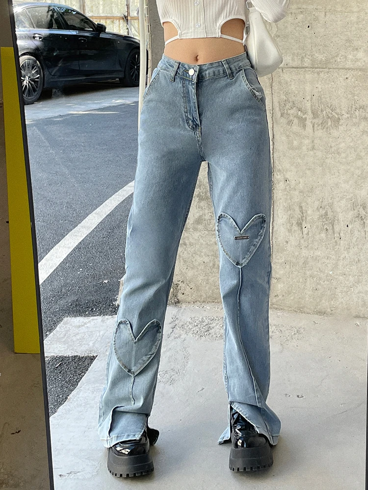 

WeiYao Heart Patches Cute 2000s Jeans Aesthetic Y2K Low Waist Denim Pants 2022 Korean Fashion Womens Straight Streetwear Bottoms