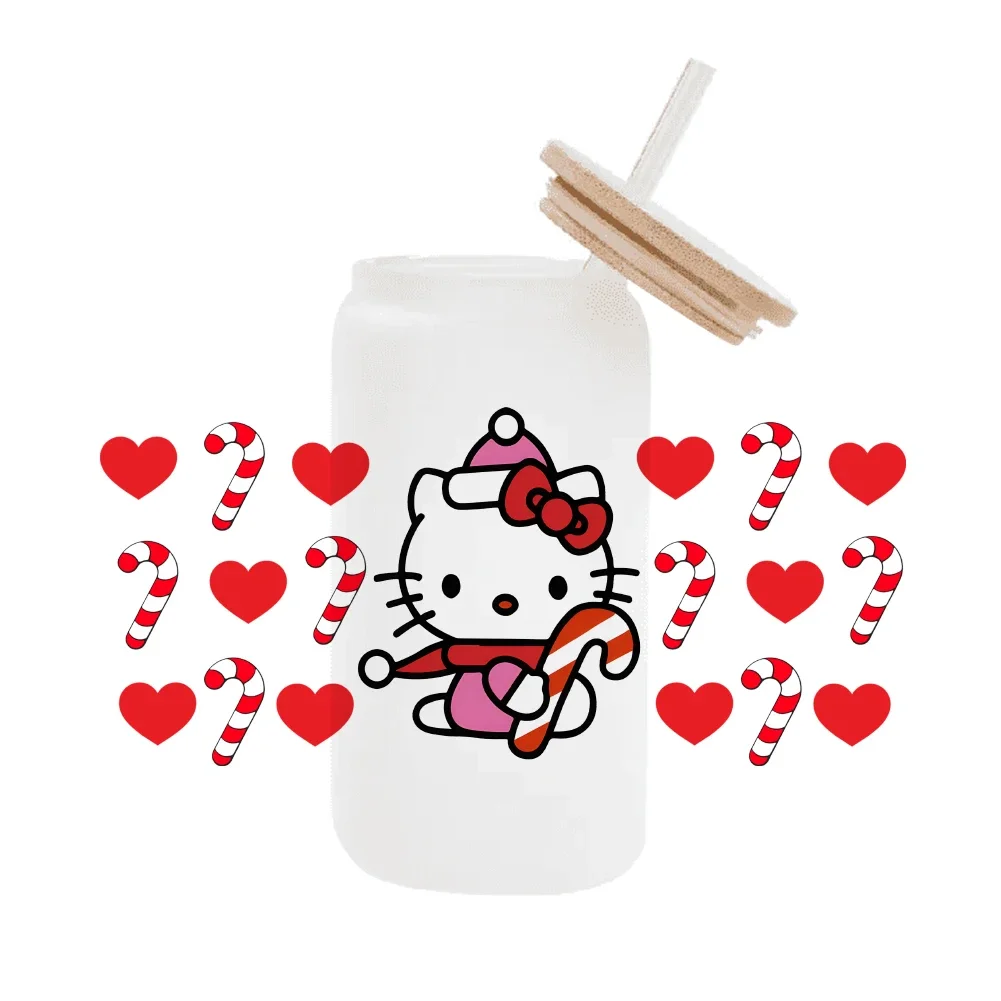 Модный мультфильм Hello Kitty Christmas For Libbey 16oz Can Glass 3D Водонепроницаемый УФ DTF Кофе Wrap