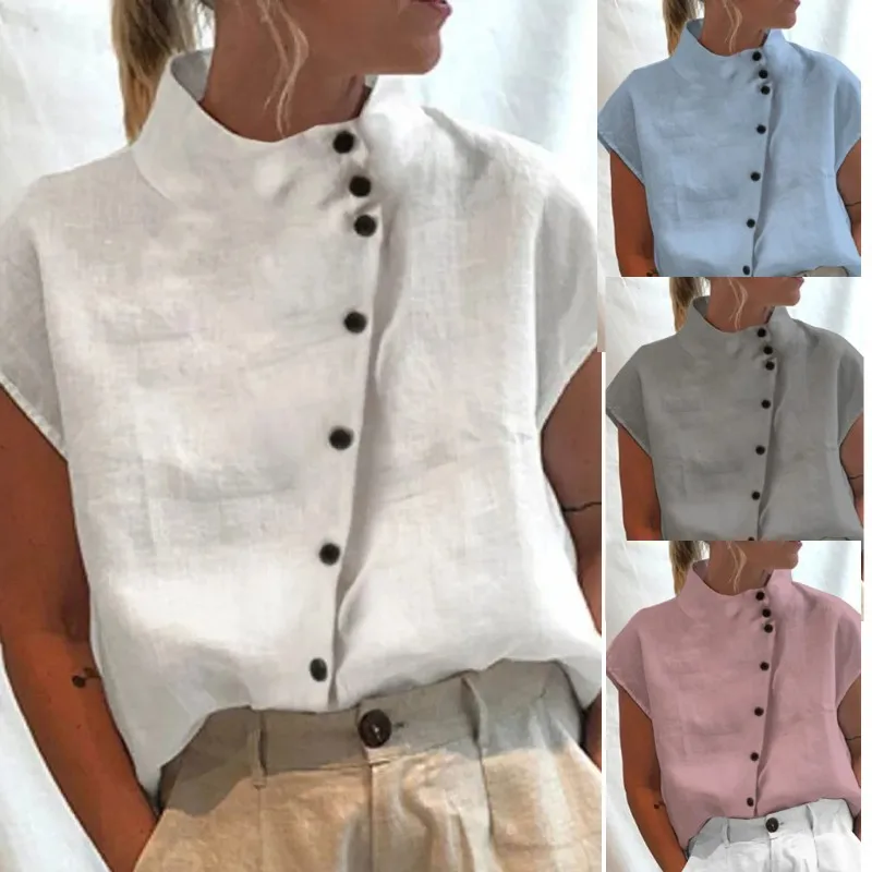 

Summer Women's Short-sleeved Shirt Solid Color Single-breasted Cardigan Top Cotton And Linen New Casual Shirt Basic Fashion 2023