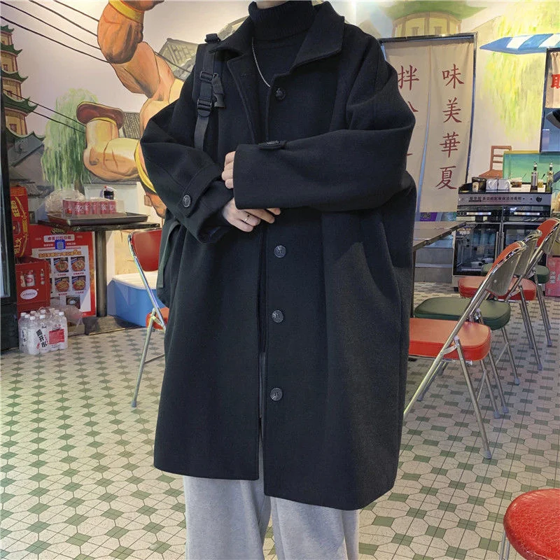 Winter Thicke Woolen Coat Men Warm Fashion 3 Colors Casual Long Woolen Coat Men Korean Loose Trench Coat Mens Overcoat M-2XL