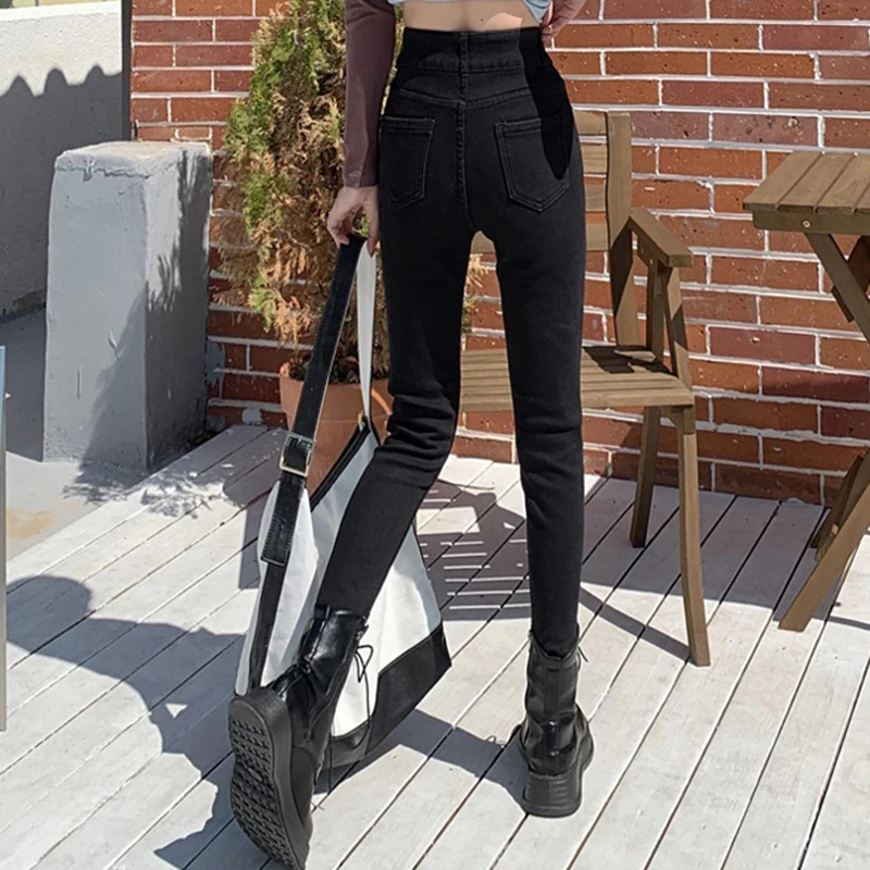 Plus velvet elastic high waist thickening warm double button denim jeans high tight all-match pencil pants women