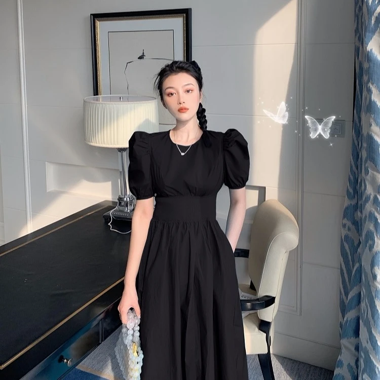 

Dress niche design French high waist new style retro waist waist design sense bubble sleeve temperament skirt female summer