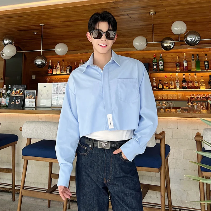 

Мужская стильная рубашка с заусенцами C Y 2023, нишевой дизайн, повседневный короткий топ с длинным рукавом, Мужская однотонная одежда с отложным воротником 9A8212