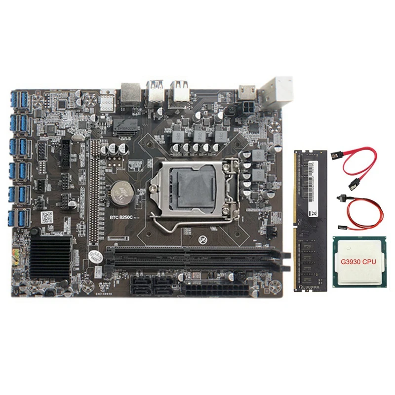 

Материнская плата для майнинга B250C с процессором G3930 + 1XDDR4 8 Гб 2666 МГц ОЗУ + кабель SATA + кабель переключателя 12XPCIE на USB3.0 слот для карты