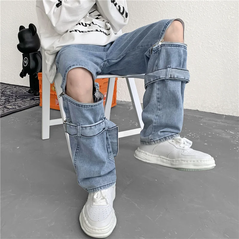 

EBAIHUI Baggy Jeans Men High Street Fashion Light Blue Mens Clothing Trousers Removable Two Wear Jeans Chic Autumn Loose Pants